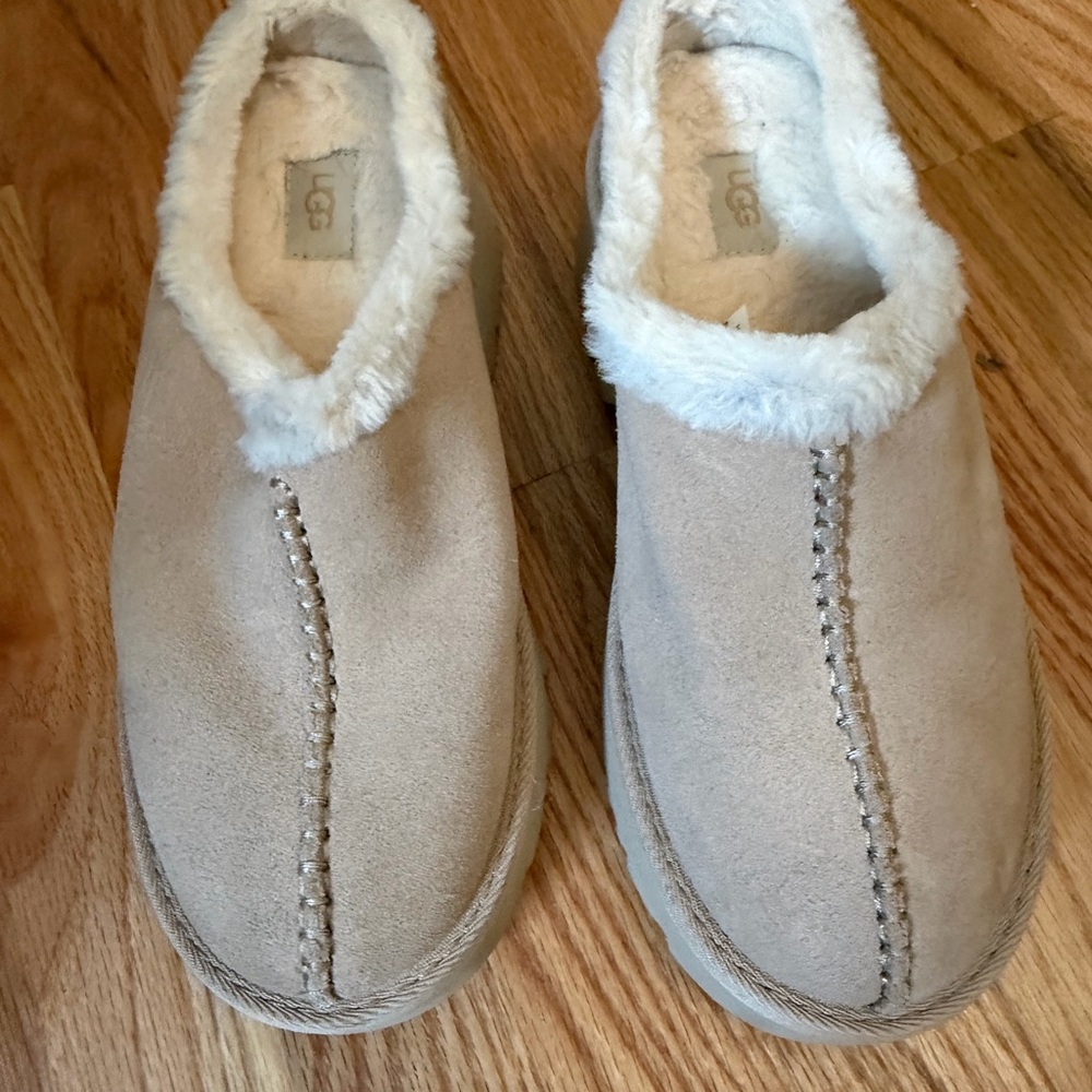 UGG Beige Suede Slip-Ons with White Fur Trim